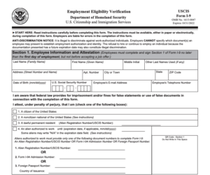 USCIS I-9 form for employment eligibility verification